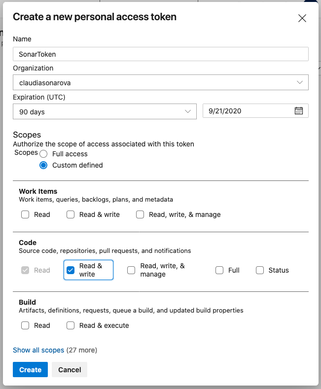 Personal access token permissions