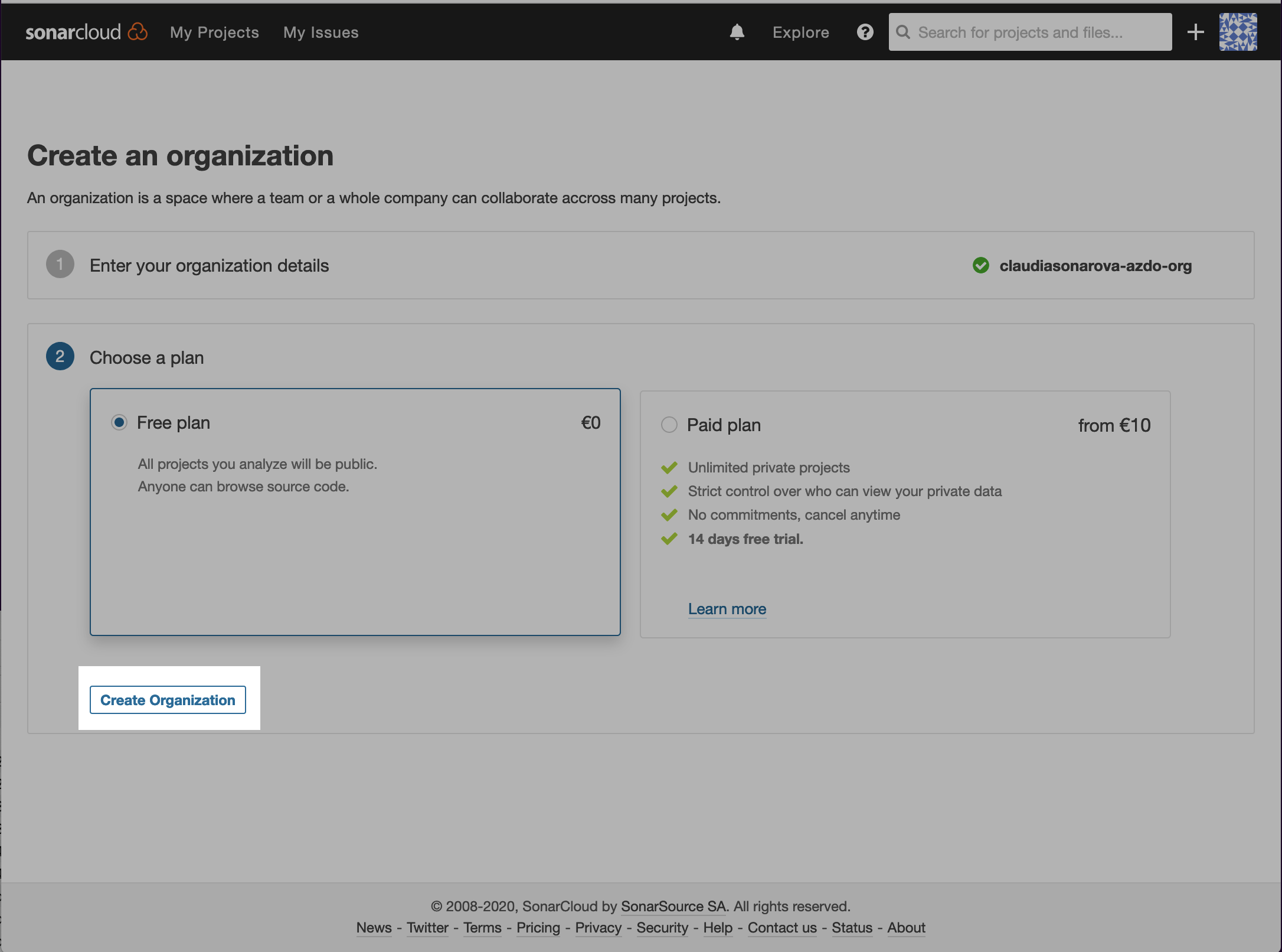 Create SonarCloud organization